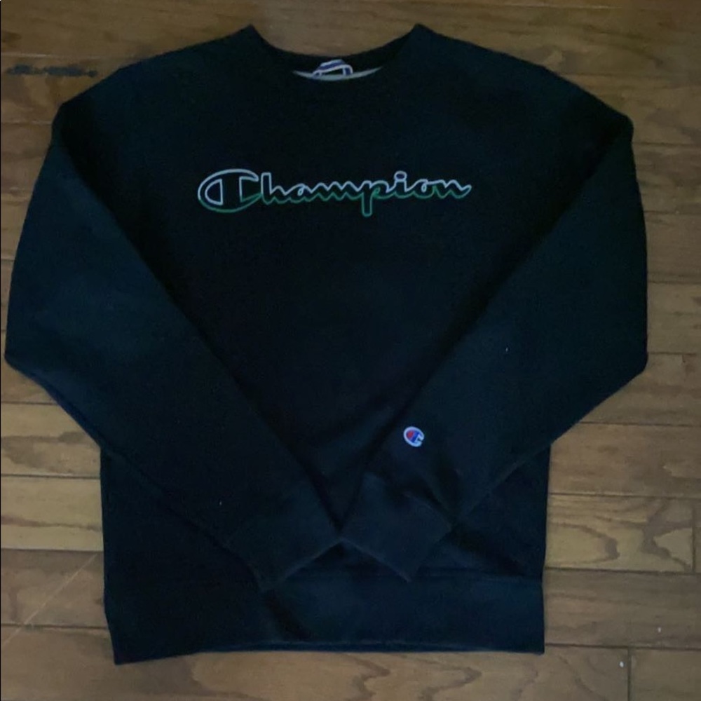 black champion crew neck with green and white champion stitching